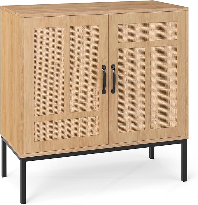 Credenza da Cucina, Armadio con 2 Ante Intrecciate in Rattan, Ripiano Regolabile a 3 Posizioni, Armadietto Boho per Cucina, Sala da Pranzo, Soggiorno e Corridoio, 80 x 38 x 81 cm (Naturale)