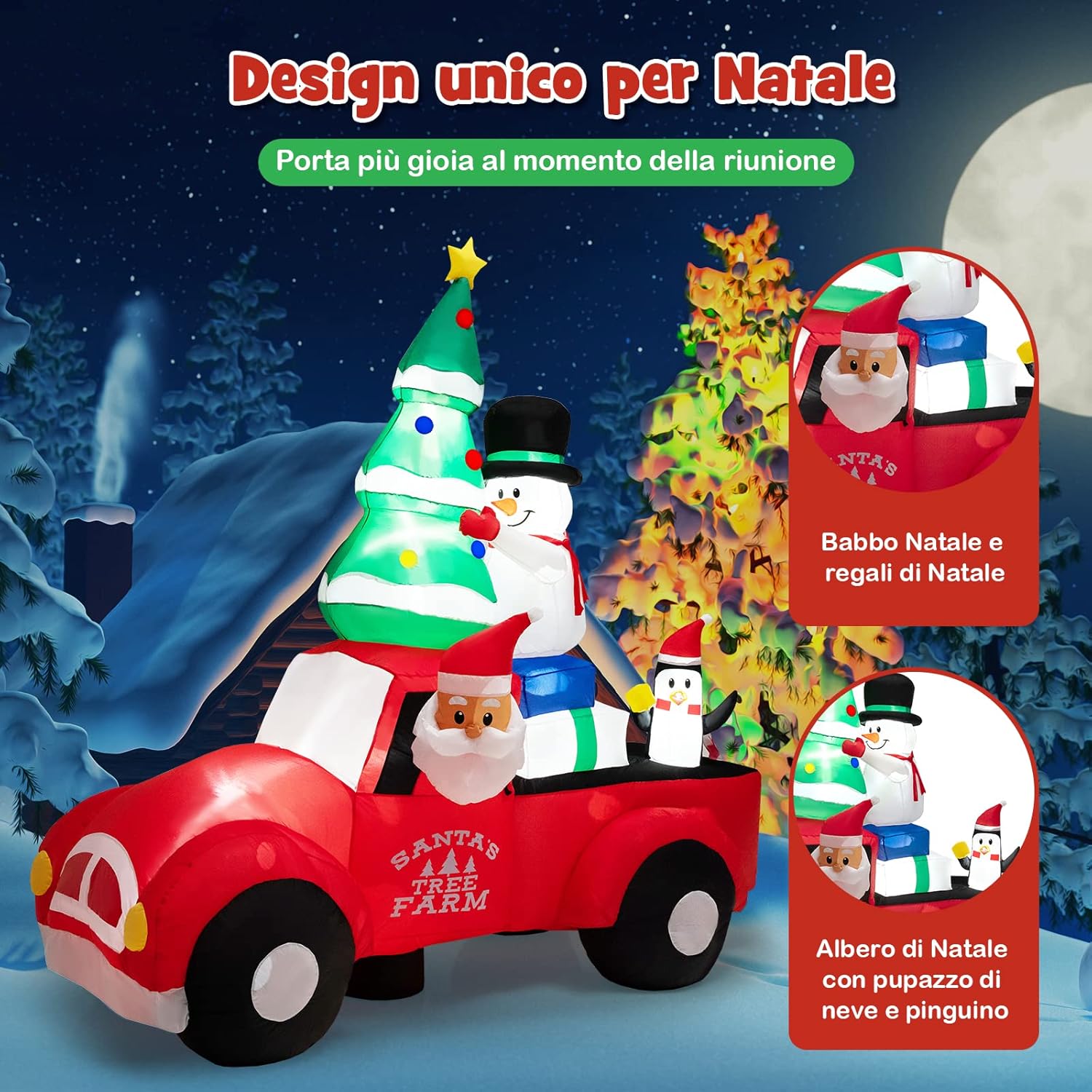 Decorazione Gonfiabile di Natale 240 cm, Gonfiabile di Babbo Natale con Pupazzo di Neve e Pinguino con LED e Soffiatore, per Prato, Casa, Festa