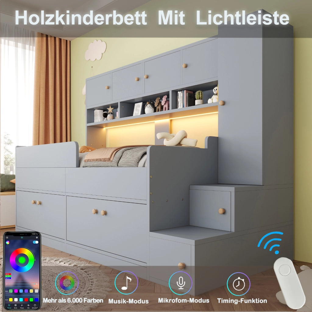 Letto a soppalco 90x200 cm con armadio; ripiani; scala; LED e parapetto di sicurezza; legno grigio