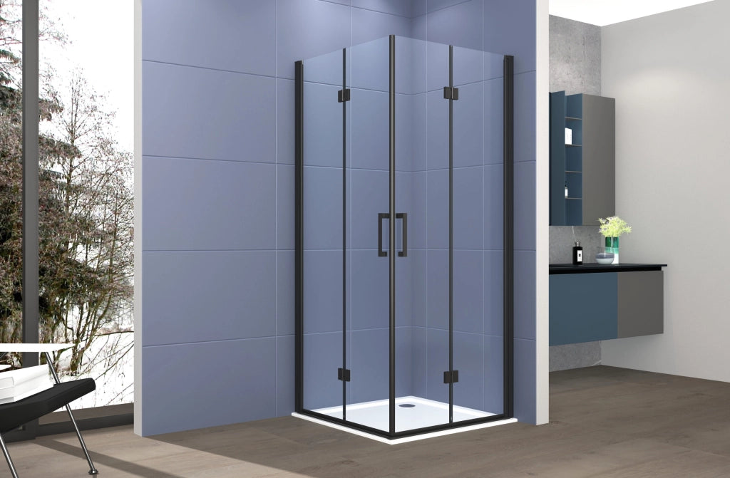 Box doccia angolare 70x110 cm apertura due porte soffietto H200 cm cristalli trasparente 6mm profilo Nero Opaco ELIO