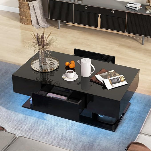 Tavolino da Caffè Moderno, Tavolino a 2 Piani con 20 Luci LED a Colori, 2 Cassetti Portaoggetti e Finitura Lucida, Tavolino Rettangolare per Salotto, Studio e Camera da Letto (Nero)