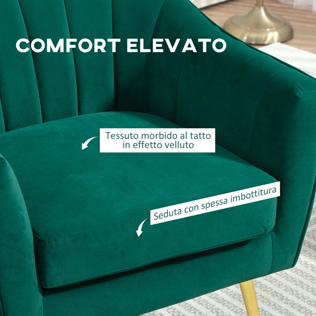 Poltrona da Salotto Imbottita con Braccioli e Schienale, Design Moderno, Gambe in Metallo (71x72x73 cm) Verde