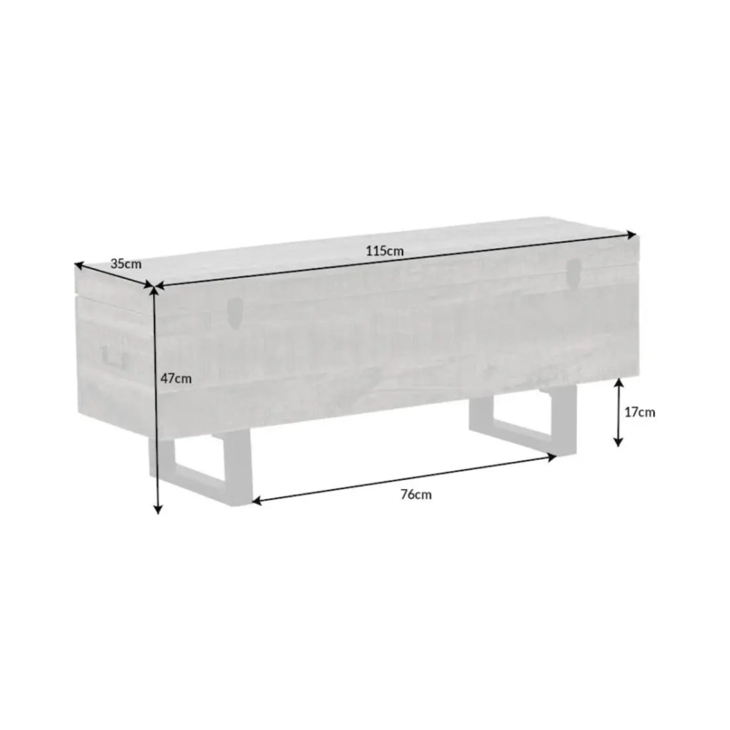 Tavolino basso o panca contenitore MERAX 115 cm grigio in legno massiccio e metallo stile industriale