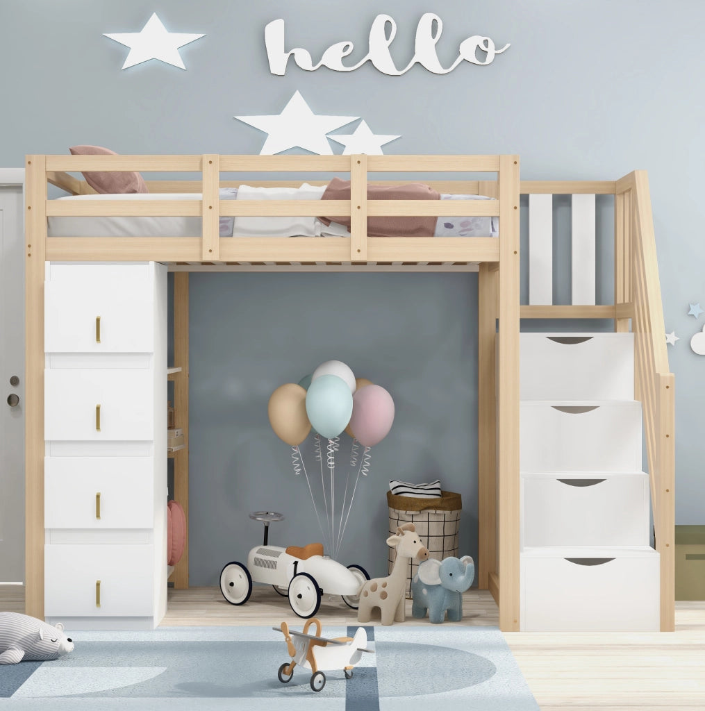 Letto a soppalco 90x200 cm in legno massello con cassetti contenitori e scala di sicurezza