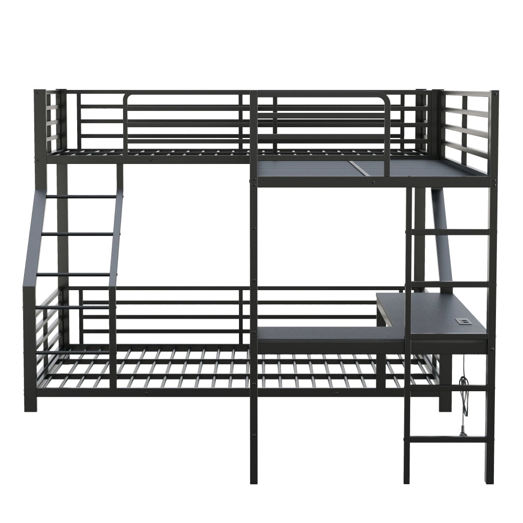 Letto a castello, 90 x 200 cm + 140 x 200 cm, tre posti letto, struttura in metallo, con presa di ricarica, scrivania, nero