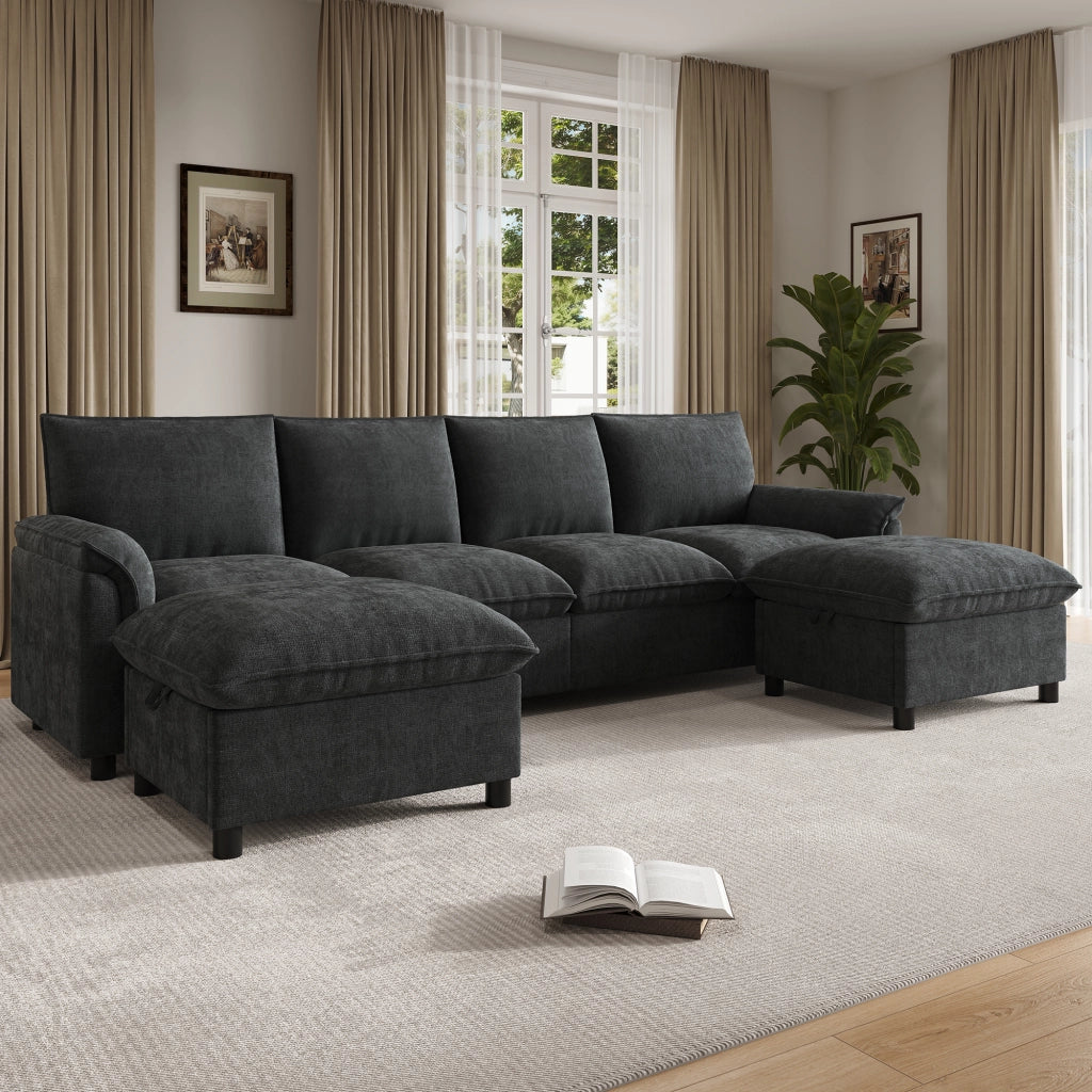 Divano modulare a U in tessuto Chenille nero con 2 pouf mobili, schienale alto e vano contenitore