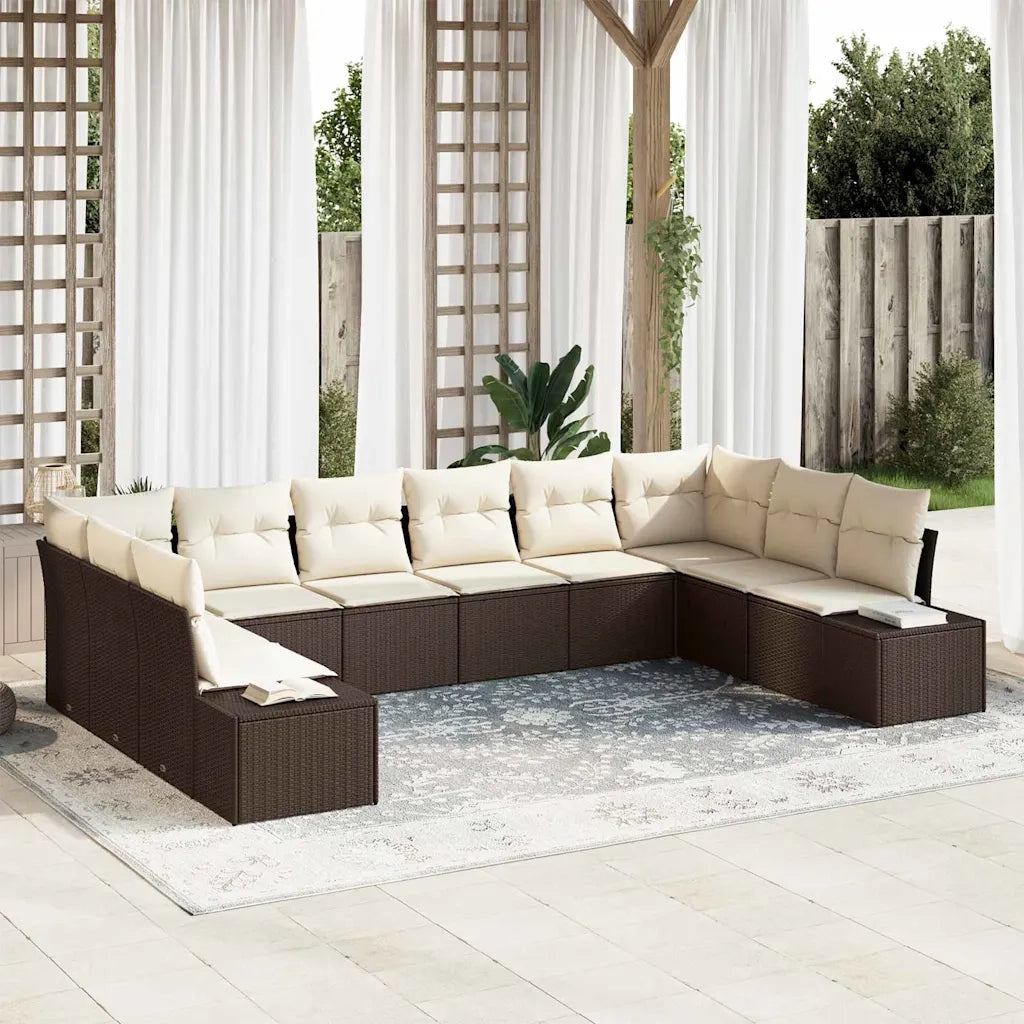 Set Divano da Giardino 10 pcs Marrone e Crema Polyrattan