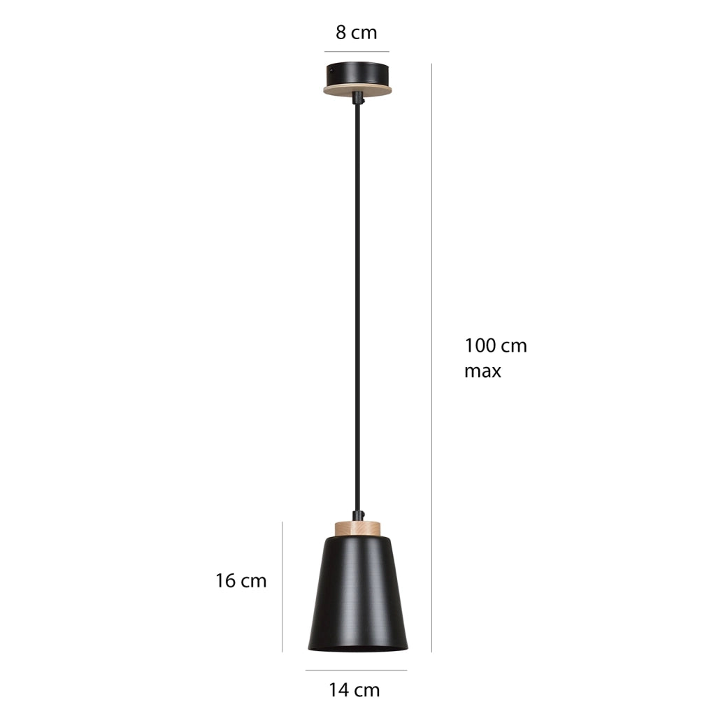 Sospensione 1 Luce Lancillotto A Cono In Acciaio Nero E Legno Naturale
