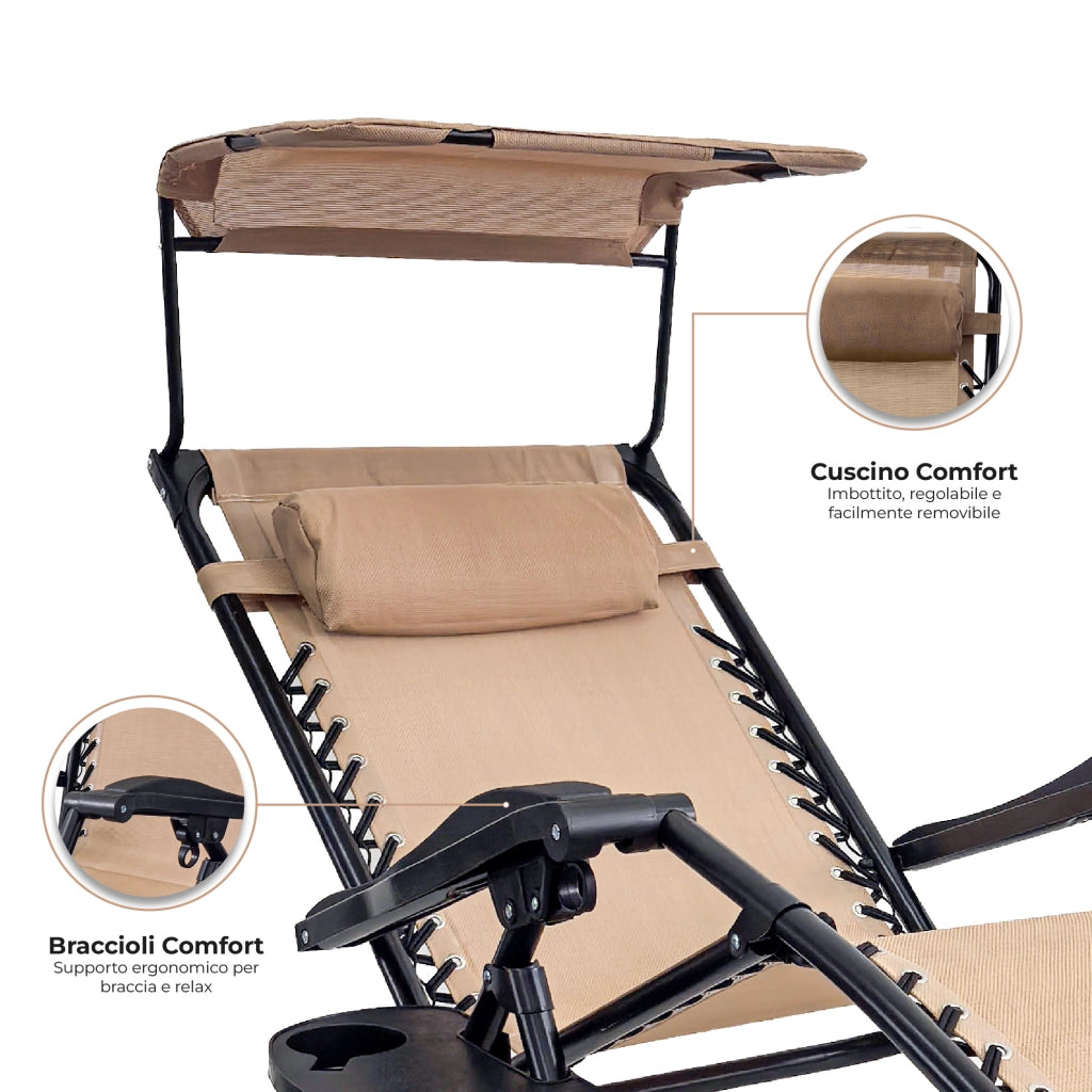 Sedia Sdraio 0 Gravità Pieghevole Professionale con Tettuccio Parasole e Poggiapiedi in Acciaio e Textilene – Reclinabile con Cuscino e Porta Bevande, Ideale per Giardino, Piscina e Campeggio Beige