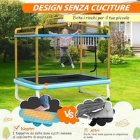 Trampolino Rettangolare per Bambini 3-in-1 190 x 124 cm, Tappetto Elastico per Bambini da Esterno ed Interno con Rete, Altalena, Barra, Copertura e Design senza Fessure