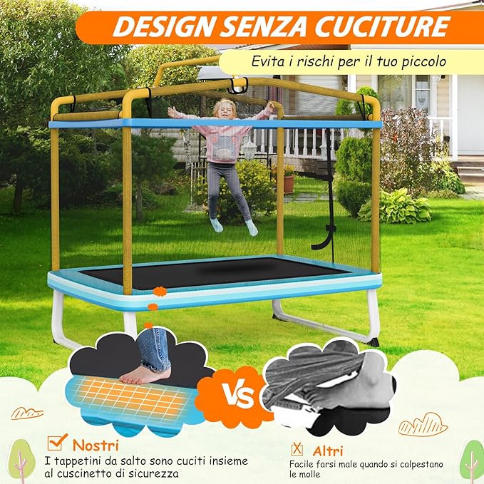 Trampolino Rettangolare per Bambini 3-in-1 190 x 124 cm, Tappetto Elastico per Bambini da Esterno ed Interno con Rete, Altalena, Barra, Copertura e Design senza Fessure