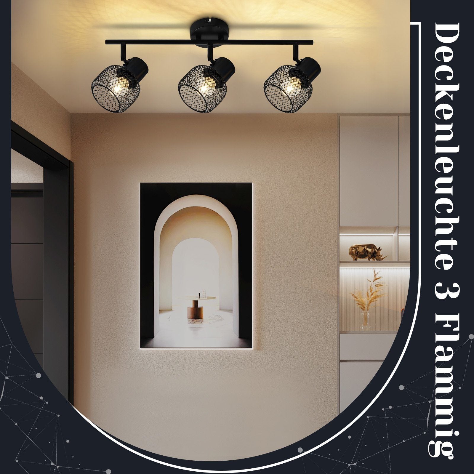 ZMH Lampada da soffitto 3 faretti orientabili E27 metallo nero stile retrò 25W per soggiorno corridoio cucina cameretta