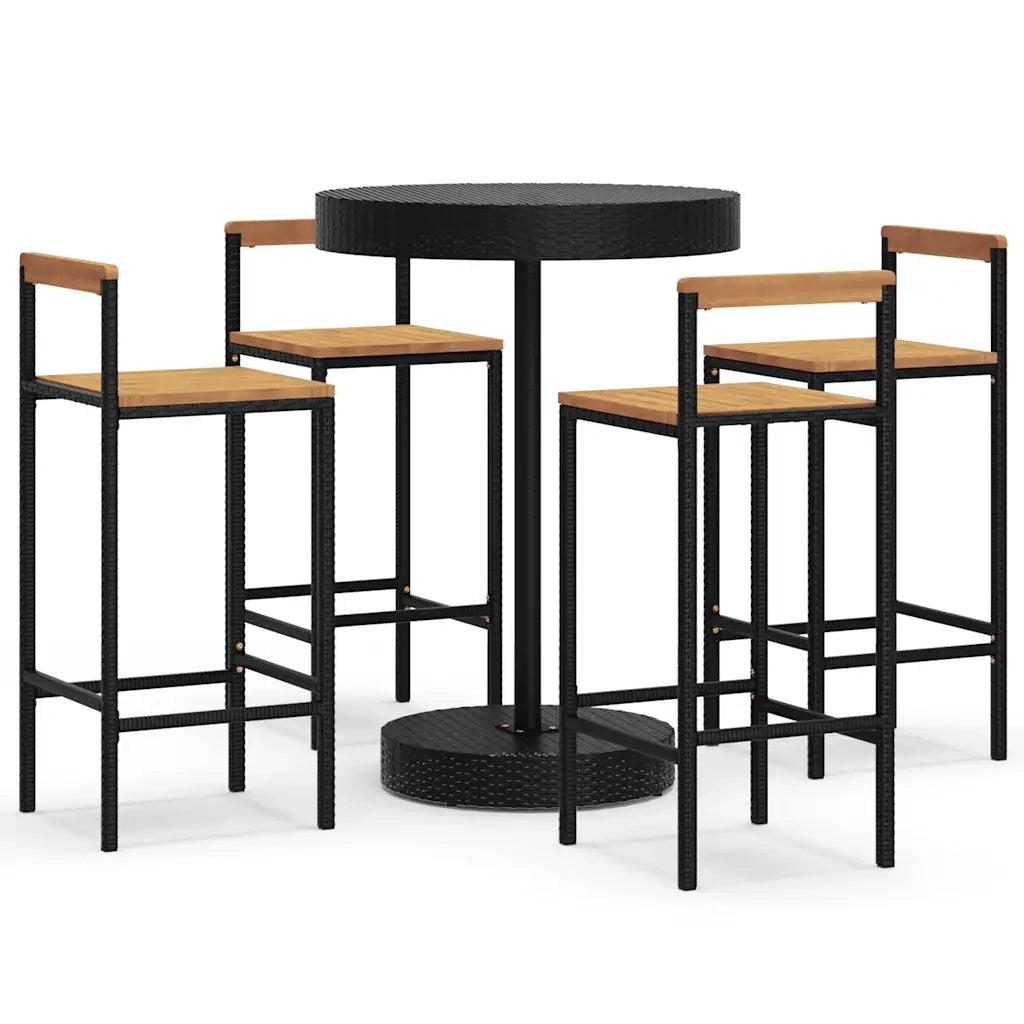 Set Bar Giardino 5 pz | Set Salotto da Giardino Nero Polyrattan e Legno Massello Acacia