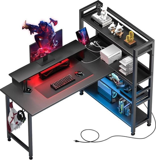 Biblioteca da gioco 55" con formazione L, scrivania per computer da casa con porta di ricarica desktop, 4 livelli di pannelli, angolo con sostegno per monitor, illuminazione LED, tavolo da gioco - nero