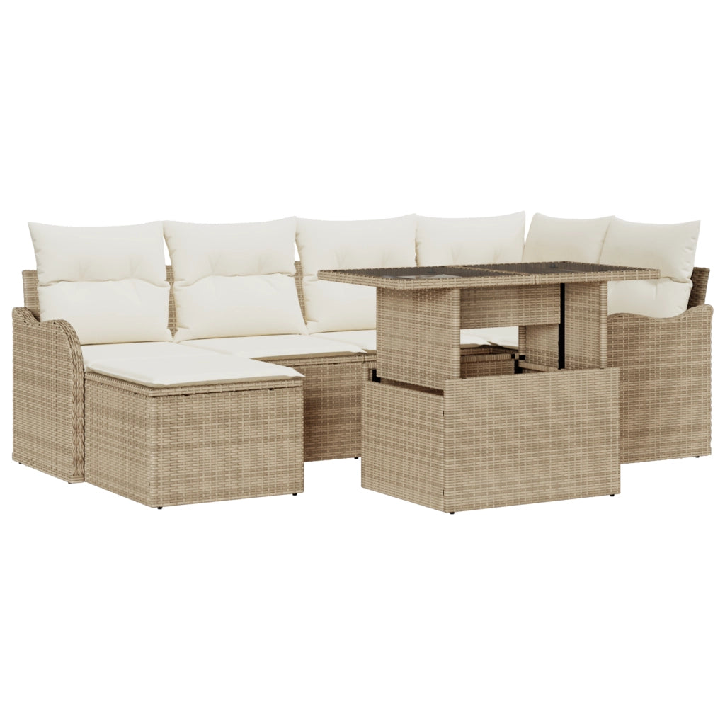 Set di Divani da Giardino  in 7 Pezzi con Cuscini in Polyrattan Beige