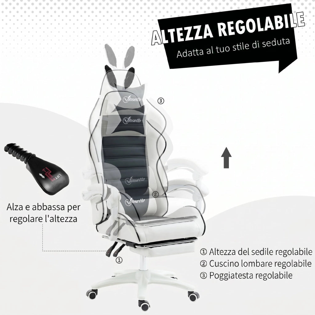 Sedia da Gaming con Orecchie da Coniglio 65x63x136-142 cm Poggiapiedi Cuscini in Pelle PU Nero