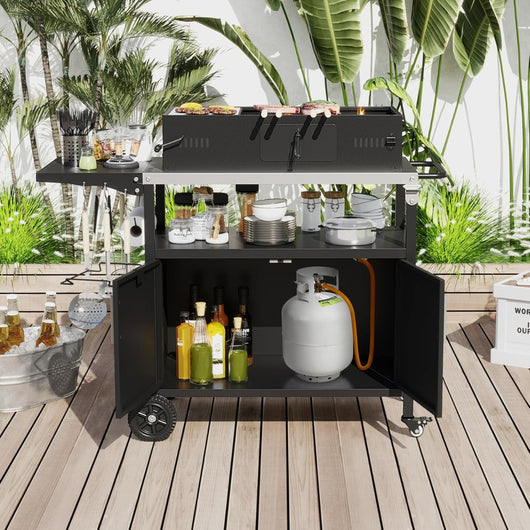 Carrello da griglia con ripostiglio da cucina da esterno con piano, Carrello da griglia e armadietto a 2 porte Nero-Carrelli