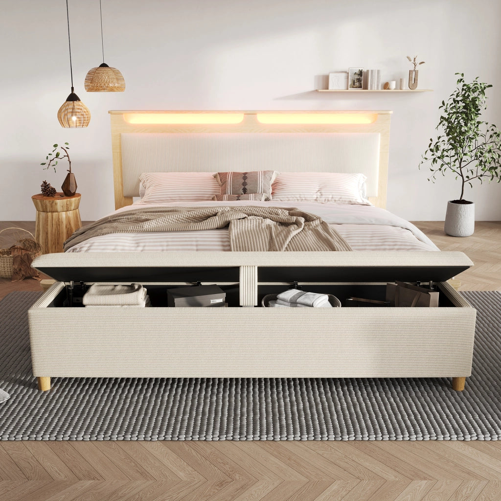 Letto in legno – 160x200 cm – panca contenitore LED testiera imbottita – rovere chiaro