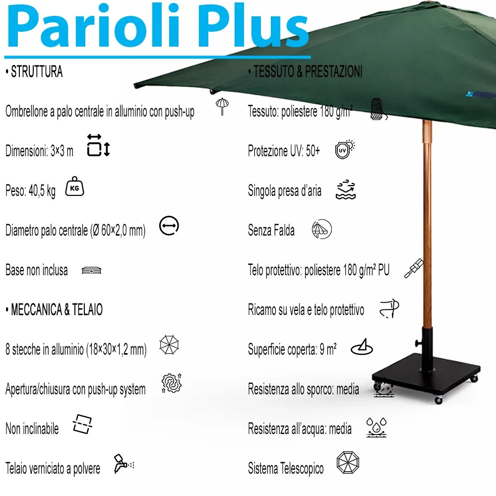 Tempo Style - Ombrellone 3×3 per esterni Parioli Plus – Verde/Legno Noce