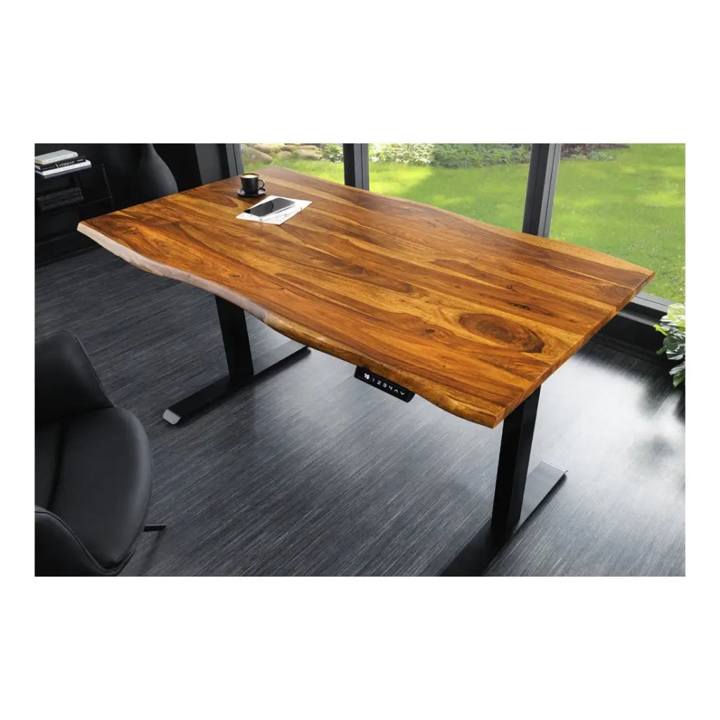 Scrivania elettrica di alta gamma ARKAYA 160 cm in Sheesham massiccio con bordo naturale smussato – Altezza regolabile