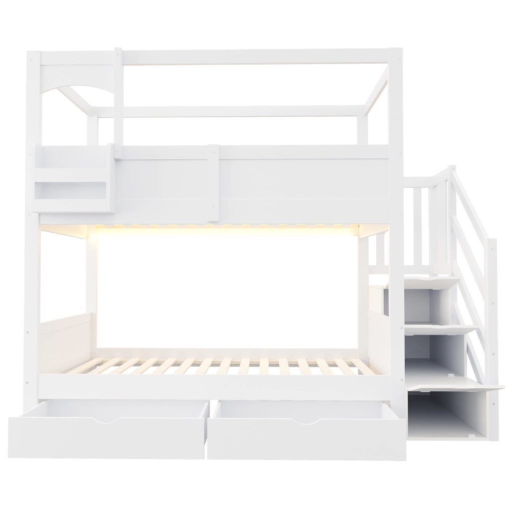 Letto a castello a casetta 90x200 cm con lavagna; 2 cassetti; mensole e scala contenitore; pino e MDF; bianco