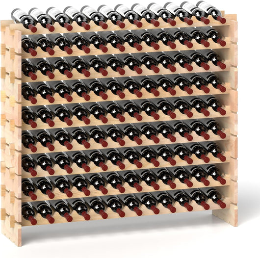 Portabottiglie di Vino da 9 Livelli per fino a 108 Bottiglie, Cantinetta Portabottiglie di Vino in Legno di Pino Naturale, Scaffale Espositivo da Pavimento per Vino da Bar (120 x 29 x 106 cm)