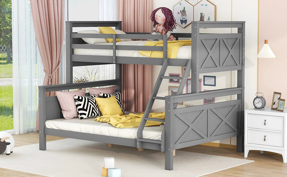 Letto a castello con scala e parapetto in pino grigio 90x200 cm