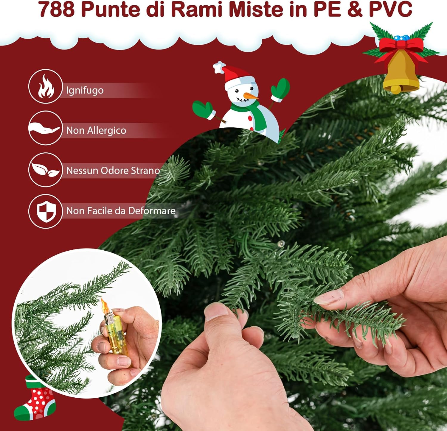 Albero di Natale 136/183/213 cm, Albero di Natale Artificiale Pre-Illuminato con 386/788/1130 Rami in PE e PVC, 180/280/380 Luci a LED Bianco Caldo e 8 Modalità di Illuminazione (183 cm)