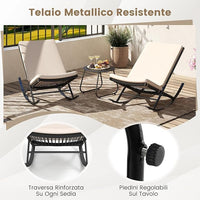 Set 3 Pezzi Sedie a Dondolo, Sedie in Rattan PE con Tavolino in Metallo e Cuscini Spessi, Set di Mobili da Giardino per Balcone e Bordo Piscina