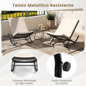 Set 3 Pezzi Sedie a Dondolo, Sedie in Rattan PE con Tavolino in Metallo e Cuscini Spessi, Set di Mobili da Giardino per Balcone e Bordo Piscina