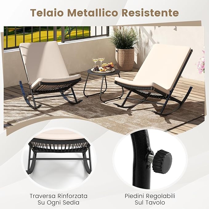 Set 3 Pezzi Sedie a Dondolo, Sedie in Rattan PE con Tavolino in Metallo e Cuscini Spessi, Set di Mobili da Giardino per Balcone e Bordo Piscina