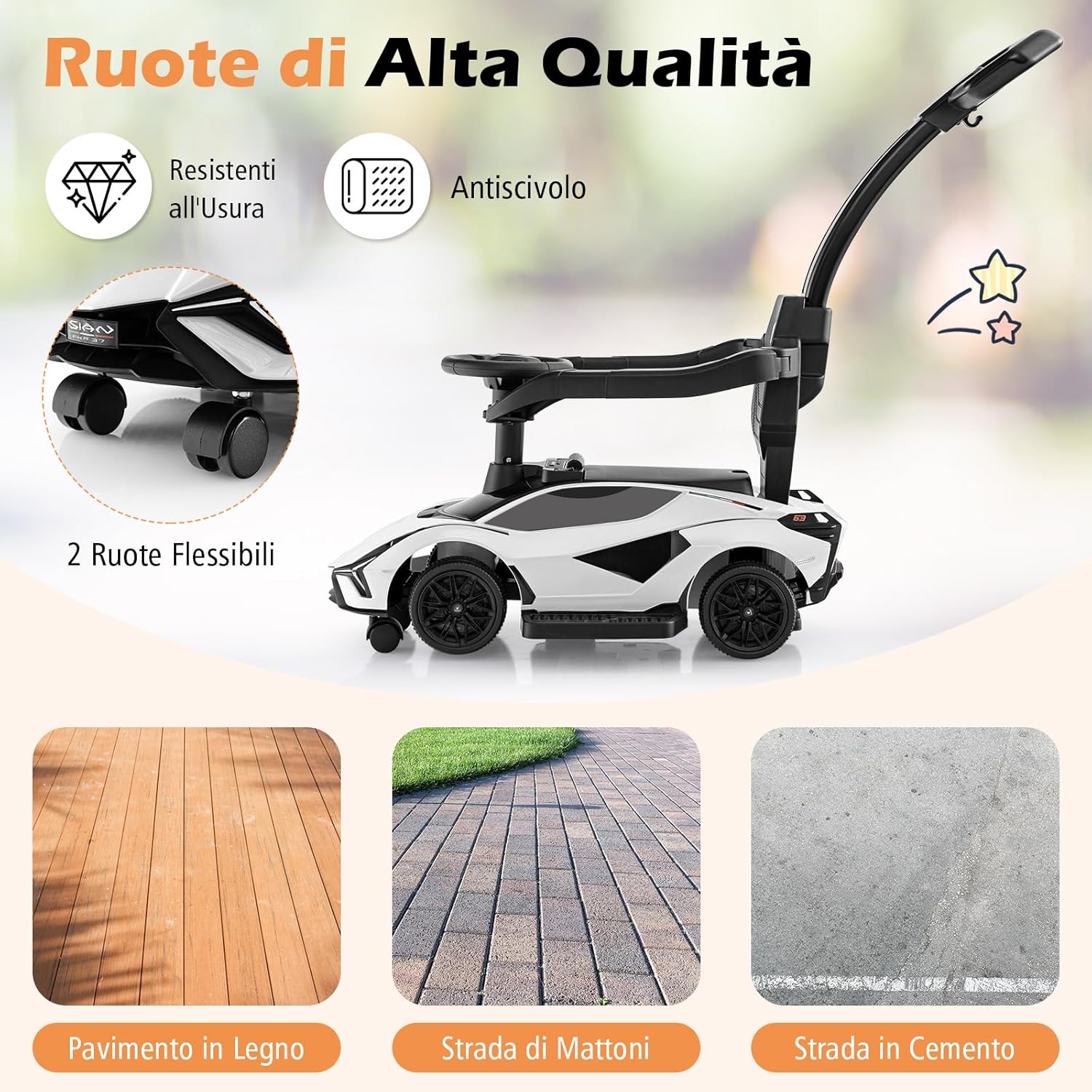 3 in 1 Auto da Spinta, Auto Scorrevole con Paracolpi e Manubrio Rimovibili Musica e Fari, Spazio di Stoccaggio Nascosto e Ruote Universali Staccabili, Bambini 18-24 Mesi (Bianco)