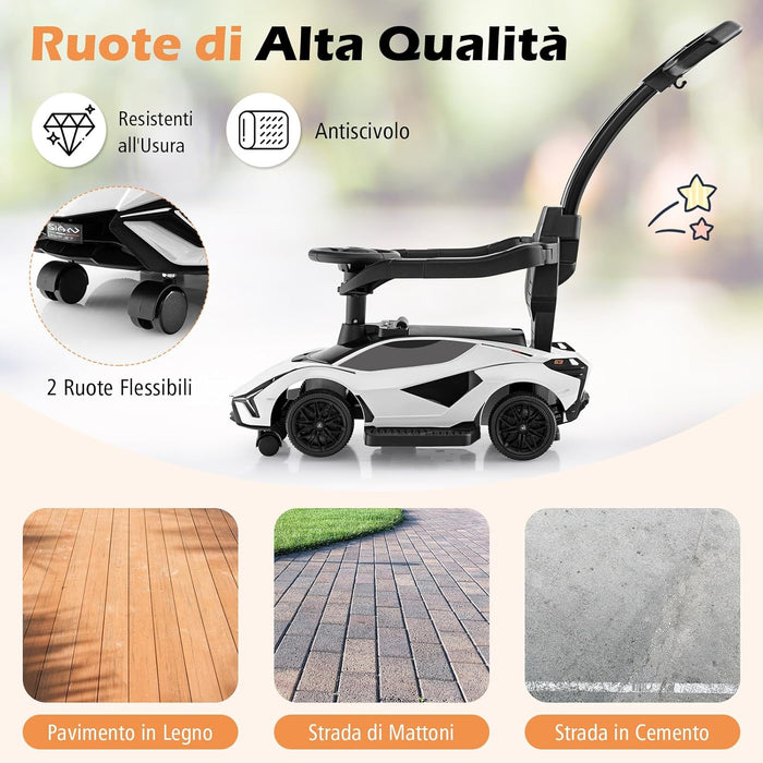 3 in 1 Auto da Spinta, Auto Scorrevole con Paracolpi e Manubrio Rimovibili Musica e Fari, Spazio di Stoccaggio Nascosto e Ruote Universali Staccabili, Bambini 18-24 Mesi (Bianco)