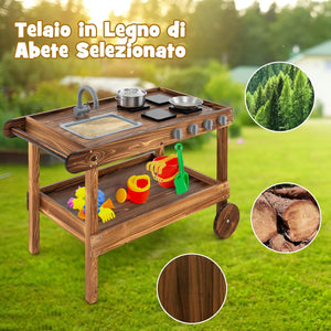 Cucina da Giardino Mobile, Cucina Giocattolo in Abete cinese per Bambini con Ruote Girevoli e Maniglia, Rubinetto e Lavandino Rimovibile, Fornelli e Manopole, Ideale per Bambini 3+ Anni