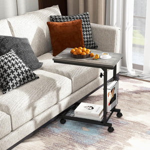 Tavolino da Salotto Moderno, Tavolino Basso Regolabile in Altezza con Ruote e Cestino Portaoggetti, Tavolino Porta PC a Forma di C da Divano e Letto per Soggiorno e Camera da Letto (Grigio)