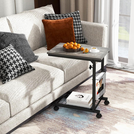 Tavolino da Salotto Moderno, Tavolino Basso Regolabile in Altezza con Ruote e Cestino Portaoggetti, Tavolino Porta PC a Forma di C da Divano e Letto per Soggiorno e Camera da Letto (Grigio)