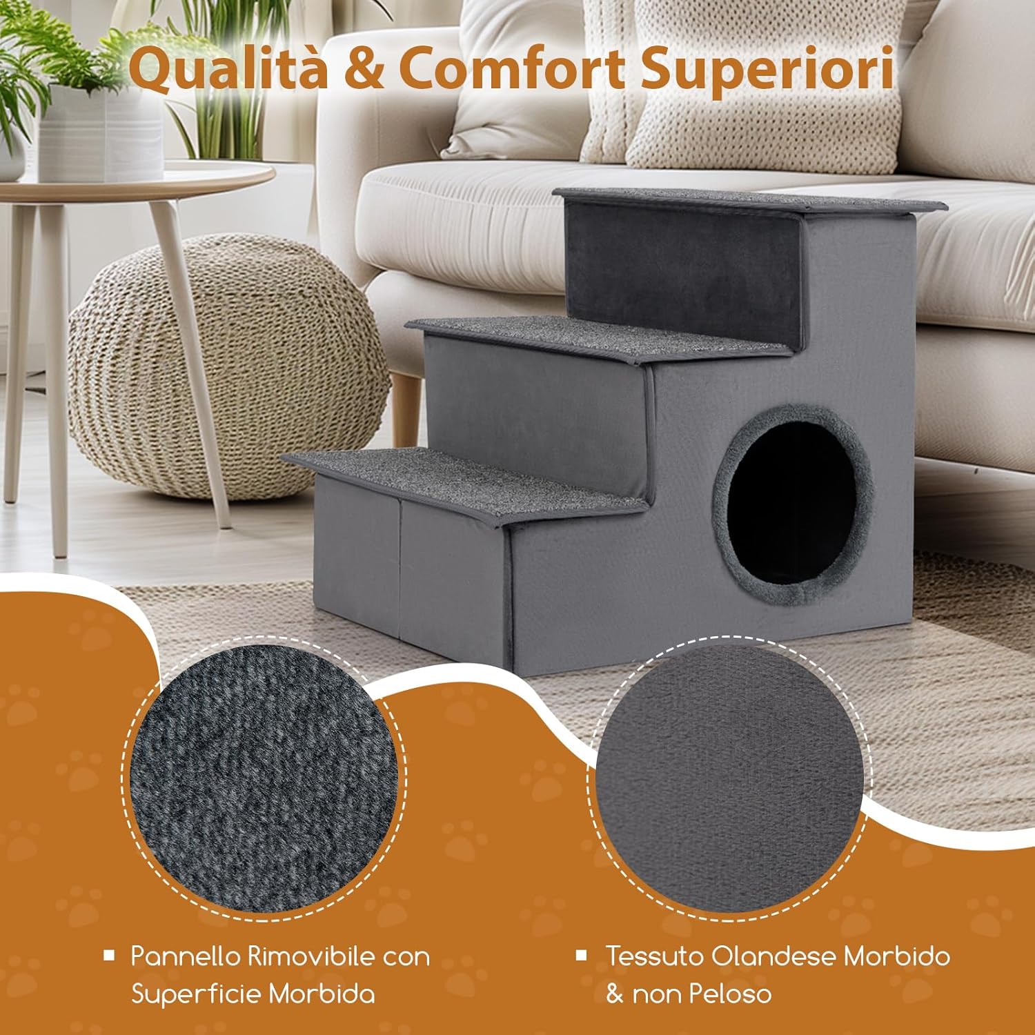 Scala per Cani con Cuccia, Rampe Pieghevole a 3 Gradini con Fondo Antiscivolo per Letti e Divani, Casa per Animali Domestici, Grigio, 42 x 21 x 44 cm