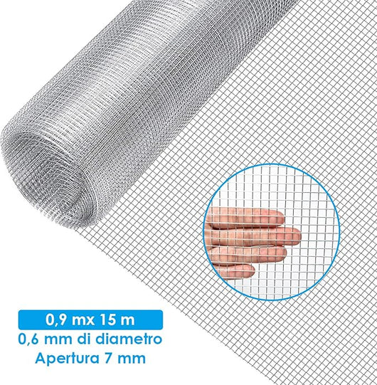 Rotolo di Rete Metallica Zincata, Rete da Pollaio Elettrosaldata Spessore 0,6 mm, Rotolo 15m (0,9 X 15M)