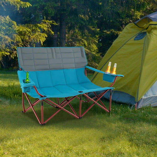 Sedia da campeggio pieghevole a 3 posti, con braccioli regolabili, portabicchieri e borsa per il trasporto, sedia da campeggio per esterni, giardino e balcone, portata fino a 408 kg (blu +