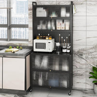 Armadio cucina 6 livelli buffet credenza, Porte ribalta supporto microonde pannello forato ganci Nero-Credenze buffet