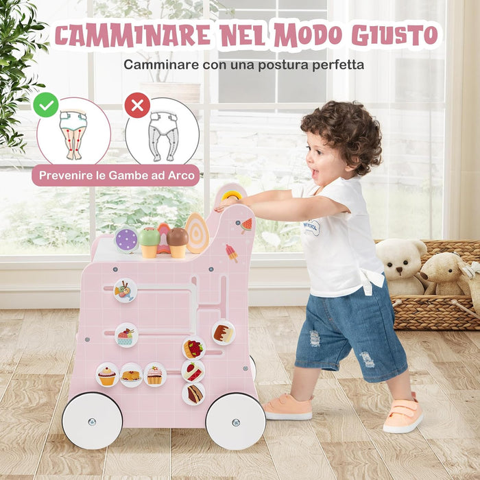 Girello 2 in 1 per Bambini, Carrello Primi Passi in Legno con Spazio di Archiviazione, Negozio di Dolci con Gelati, Cursori, Labirinto, Piatto e Cucchiaio, Centro Attività per 1+ Anni (Rosa)