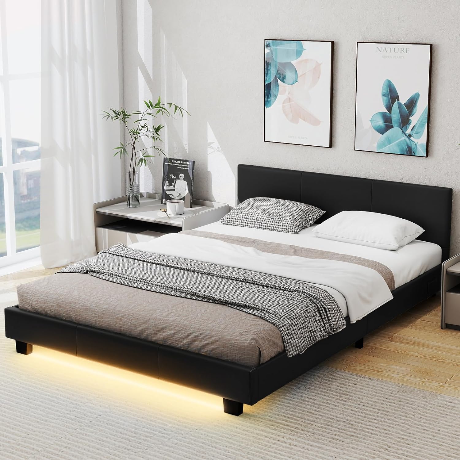 Letto Matrimoniale in Legno, Struttura per Letto Con Testiera Imbottita Luce LED Multicolore e Telecomando, Carico 200 kg, Silenzioso (Nero)