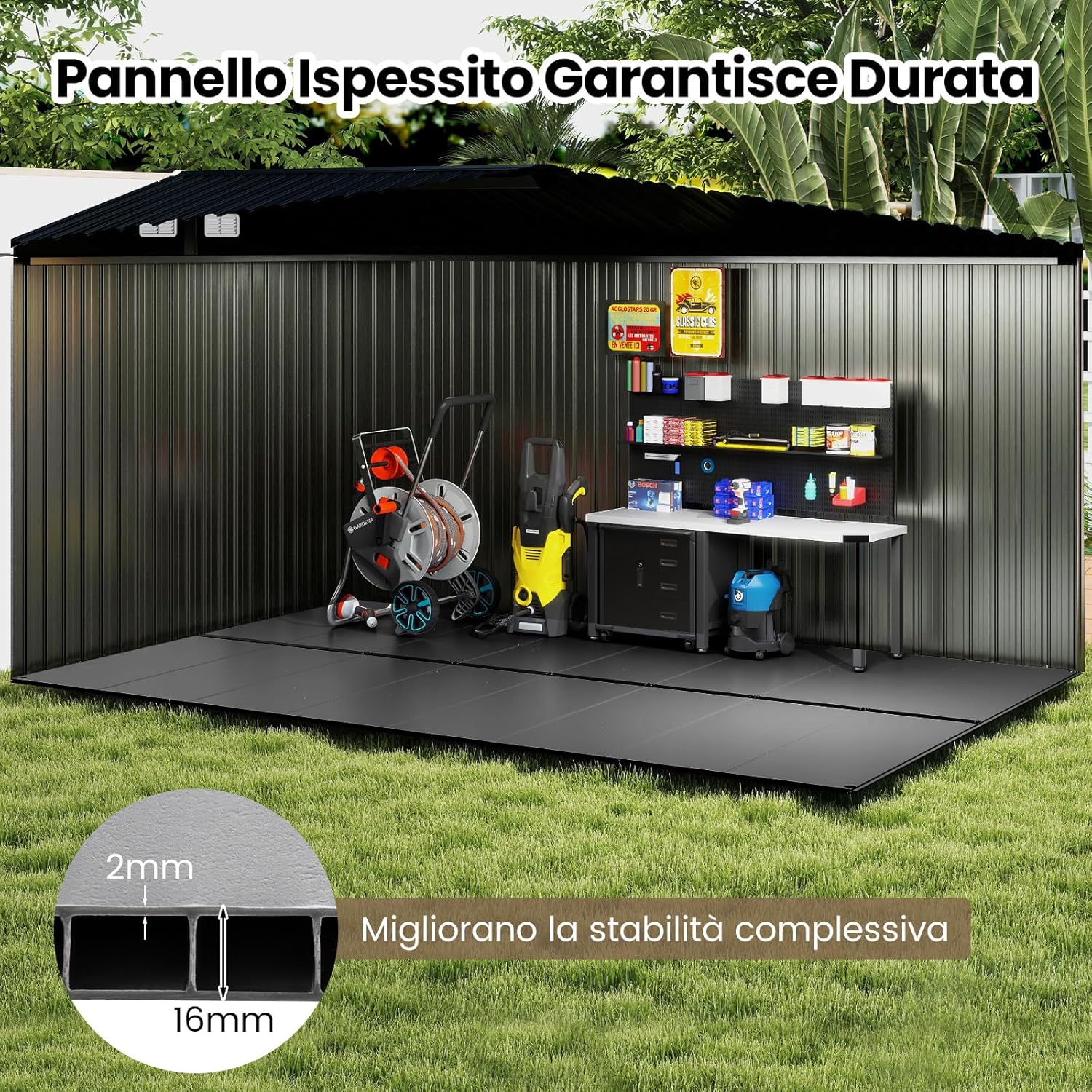 Tappeto per Pavimento in Plastica per Capanno degli Attrezzi, 343 x 215 cm, Tappeto Antiscivolo con Strisce Rinforzate, Parti Etichettate per Montaggio Facile, Base per Terrazza e Giardino