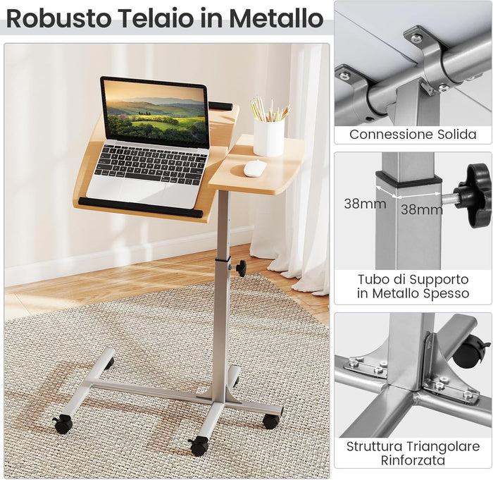 Tavolino Regolabile in Altezza, Tavolino da Computer per Letto e Divano, Tavolo Servitore Porta PC con Ruote