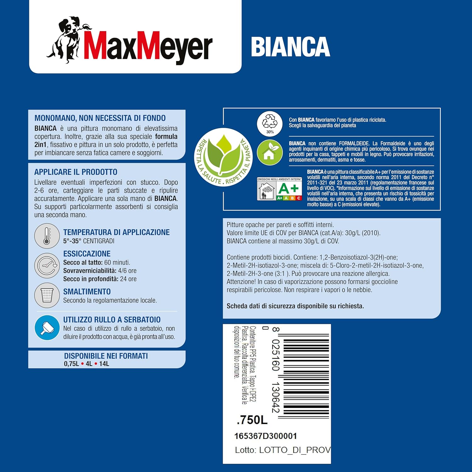 Pittura per Interni Lavabile Monomano 2-in-1 BIANCA, Colore Bianco, 0.75L