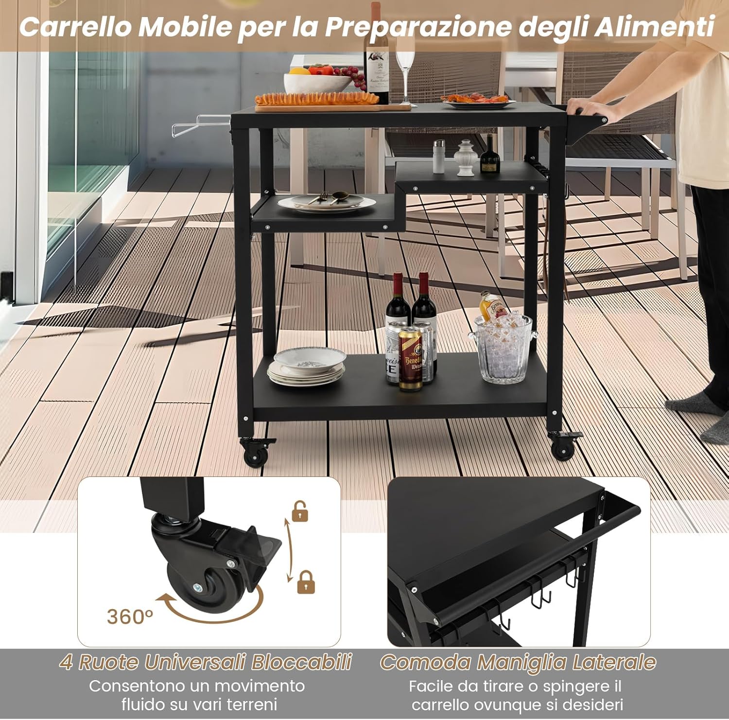 Carrello Barbecue da Esterno, Carrello BBQ Portatile con 3 Ripiani, 4 Ruote Bloccabili, Ganci, Maniglia Laterale, per Cucina, Giardino