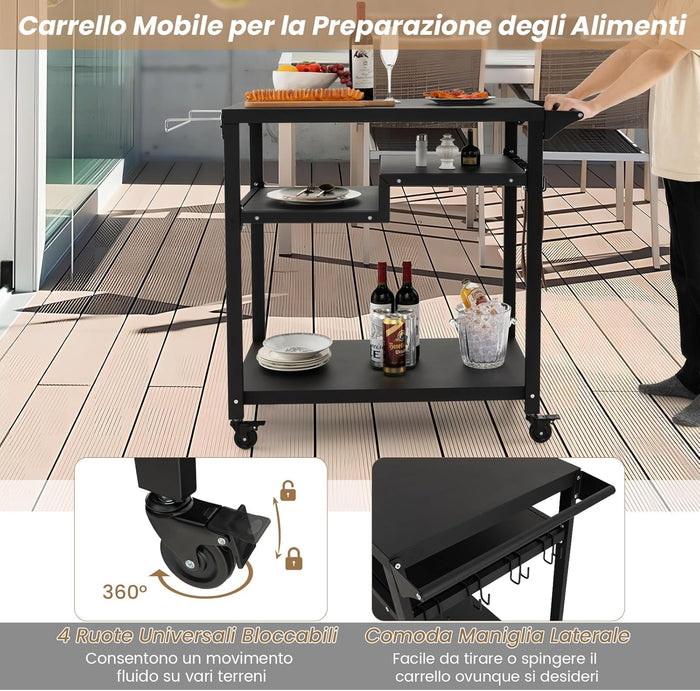 Carrello Barbecue da Esterno, Carrello BBQ Portatile con 3 Ripiani, 4 Ruote Bloccabili, Ganci, Maniglia Laterale, per Cucina, Giardino