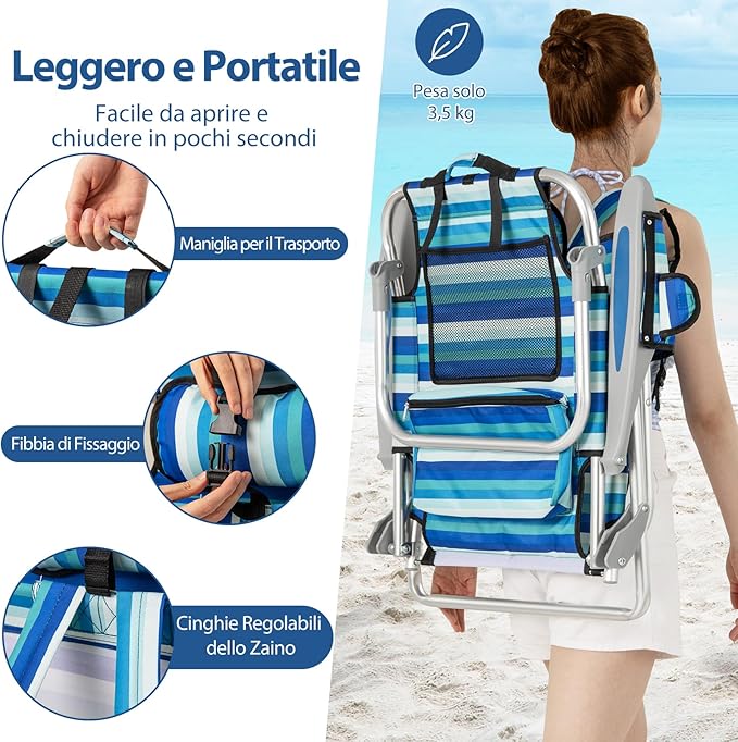 Sedia Pieghevole da Spiaggia, Telaio in Alluminio, Sedia Bassa da Sabbia Leggera con Schienale Regolabile, Sdraio da Esterno Robusta per Giardino, Campeggio, Portata 150 kg (Verde,1)