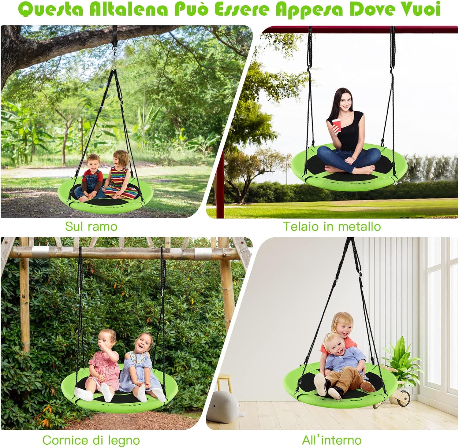 Altalena da Giardino a Nido, Altalena da Giardino per Bambini, con Telaio in Metallo, Regolabile in Altezza: 100-160 cm, Carico Fino a 150 kg (Verde)