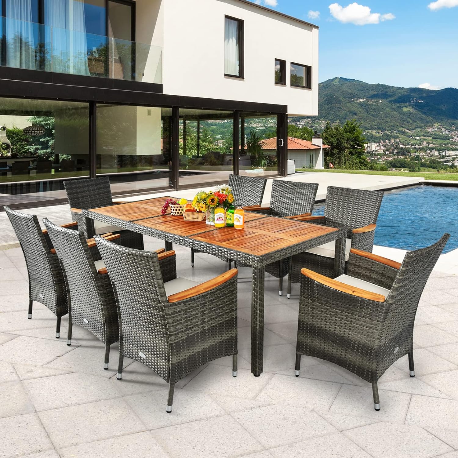 Set 9 Pezzi da Pranzo per giardino, Set di Mobili Esterno in Rattan PE, con 1 Tavolo Rettangolare e 8 Sedie con Cuscini, Ideale per Giardino Piscina e Cortile